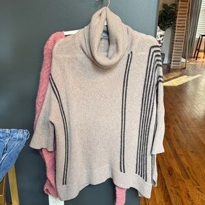100% Cashmere Turtleneck Sweater Beige with Black Stripes